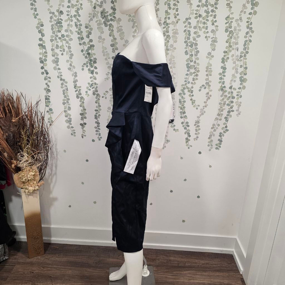 Dress The Population Navy Off Shoulder Satin Midi Cocktail Dress XL NWT - Picture 6 of 14